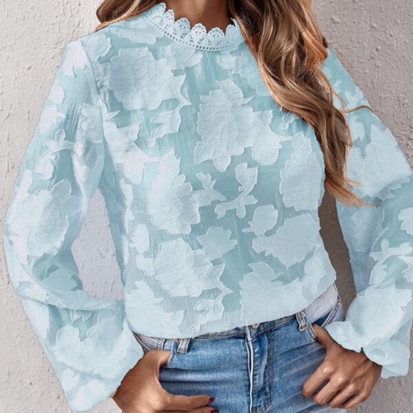 Bellanblue Tops - Bohemian Blue Floral Sheer Top Work Frill Neck Embroidered